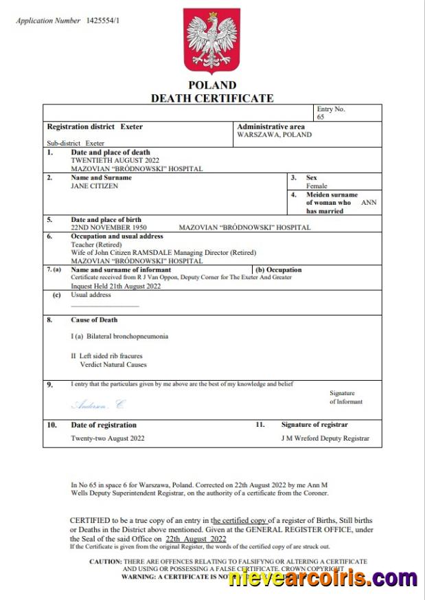 Poland death certificate